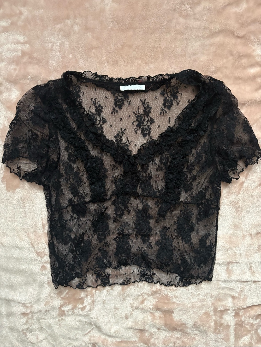 Sheer Black Floral Lace Short Sleeve Blouse